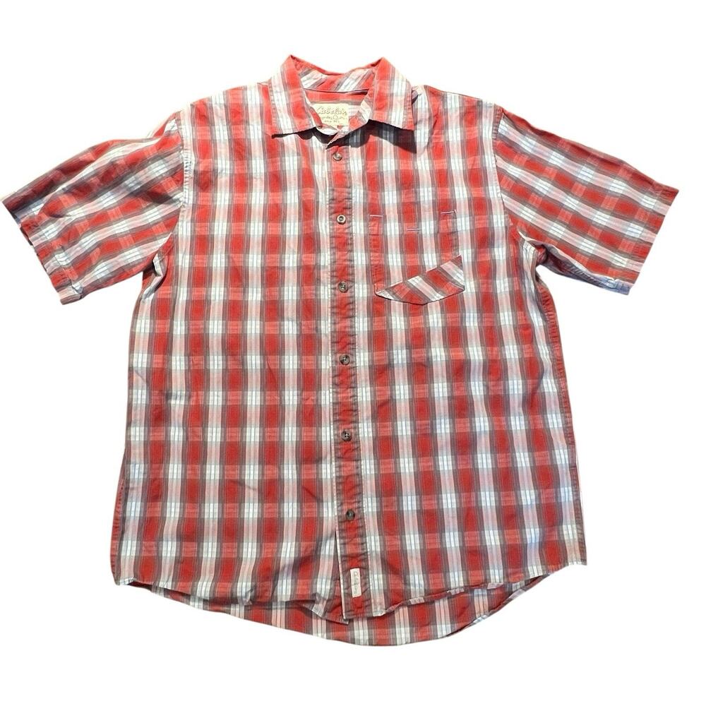Cabela's Short Sleeve Shirt Men's Medium Red Plaid Button Up Hike Camp Outdoors